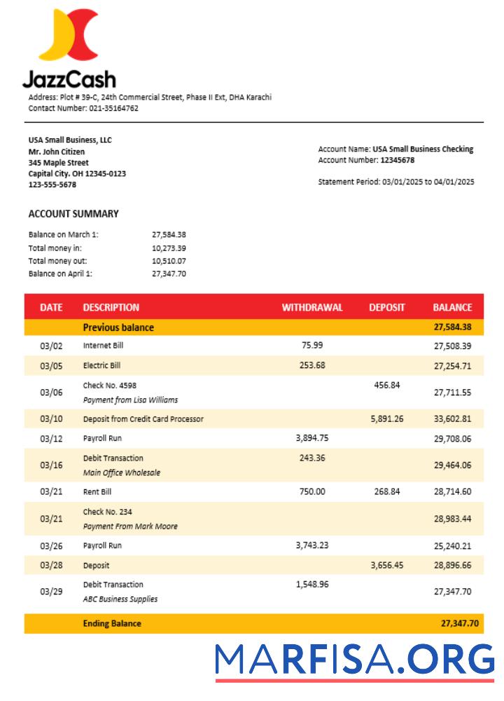Downloadable Jazz Cash business firm statement Word and PDF format example